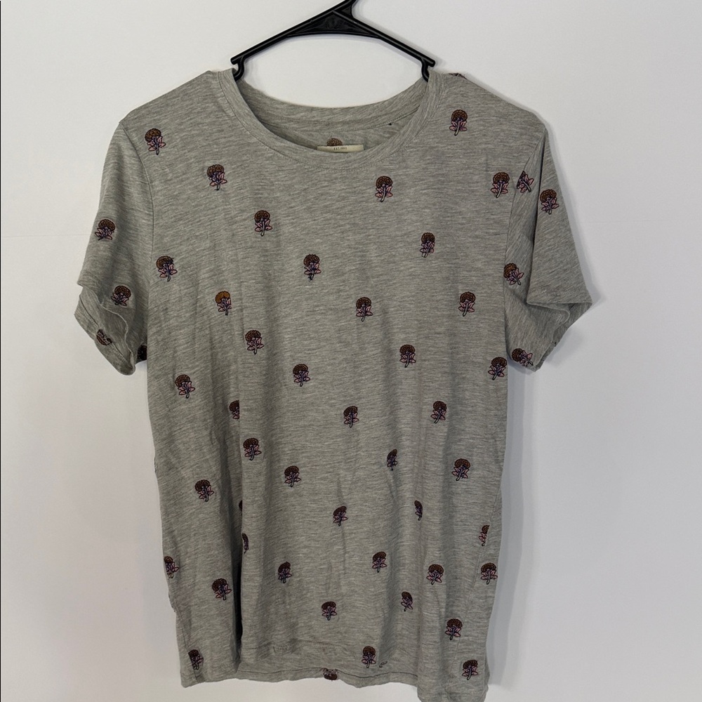 Lucky Brand Heather Gray Tee with Small Purple and Mustard Embroidery